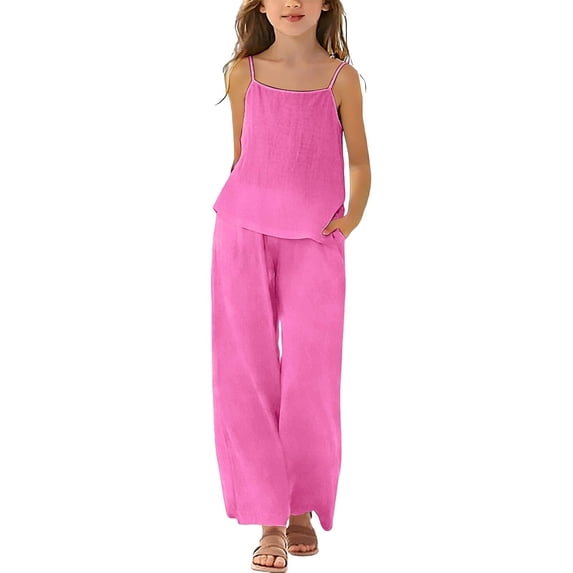 Girls 2 Piece Cotton Linen Outfit 3-14 Years Adjustable Spaghetti Strap Top and Wide Leg Pants with Pockets Summer Casual Set for Kids Hot Pink 130(130)