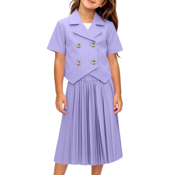 Girls' 2-Piece Double Breasted Top & Pleated Skirt School Outfit, ideal for daily classes, performances and formal campus themed events, 2-9 Years