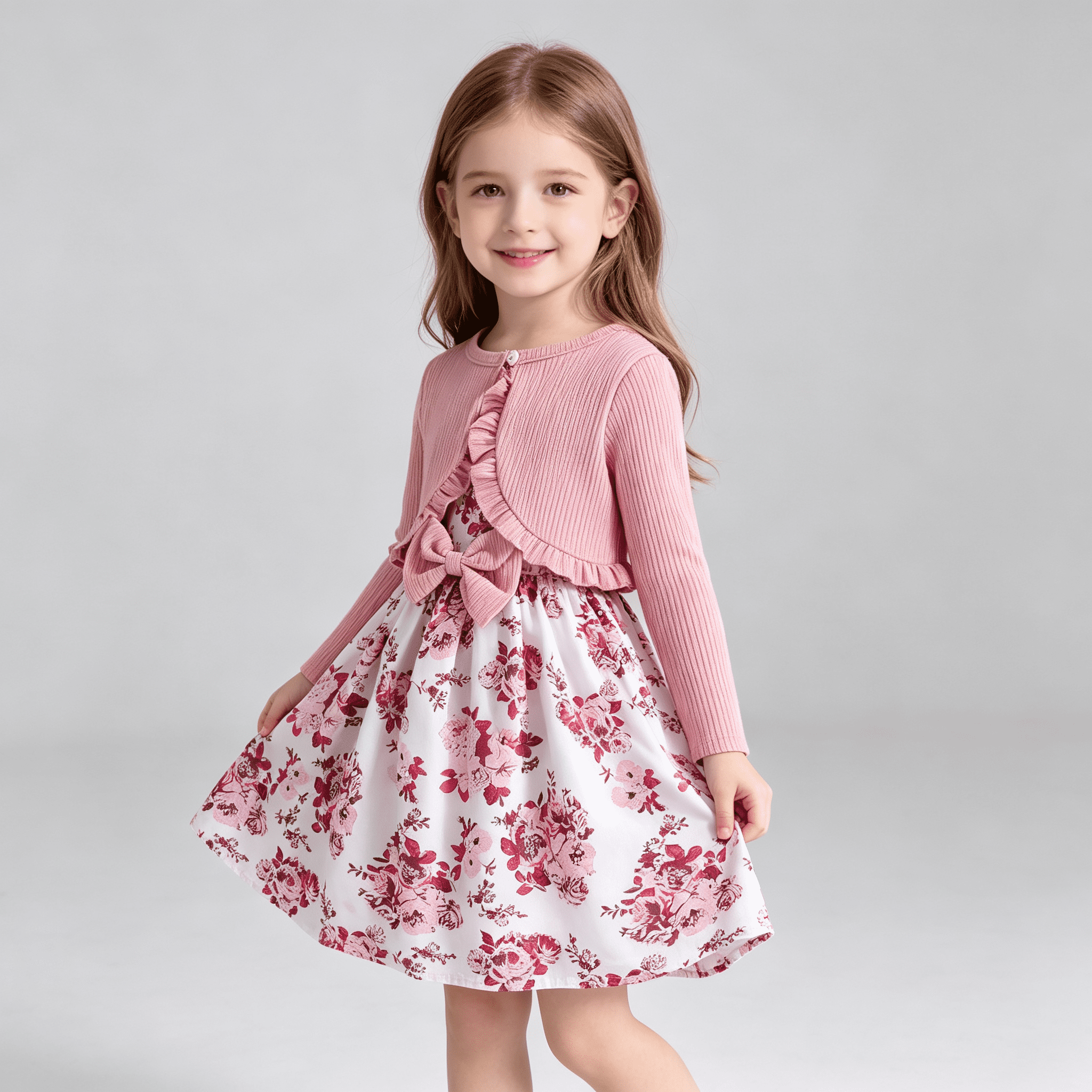 Girls 2 Piece Dress Set, Pink Floral Sleeveless Bow Dress with Long ...