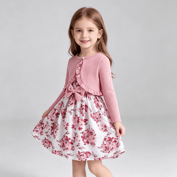 Girls 2 Piece Dress Set, Pink Floral Sleeveless Bow Dress with Long Sleeve Ruffle Cardigan, Size 2-3T