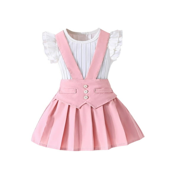 Girls 2 Piece Dresses Set Cotton Ruffle Tops Cross Pleated Overall Dresses Back to School Summer Outfits Pink, 6 Y