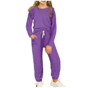 AKOEE Girls 2 Piece Fall Outfits Kids Sweatsuits Sets with Ruffle Details Fashion Casual Sportswear Sweatshirt Pants Suits (12 Years, Purple)