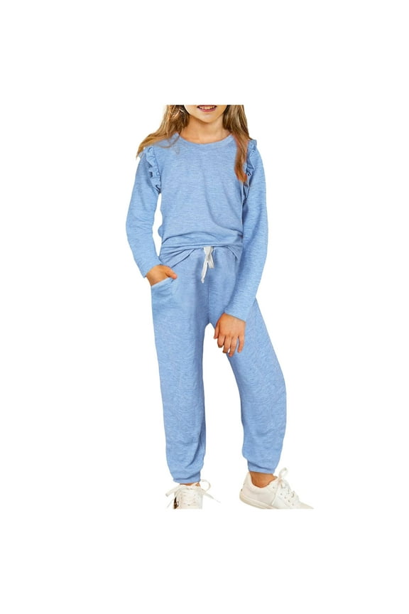 Clearance Girls 2 Piece Fall Outfits Kids Sweatsuits Sets with Ruffle Details Fashion Casual Sportswear Sweatshirt Pants Suits (8 Years, Blue)