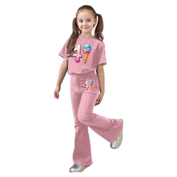 Girls' 2 Piece Flared Pants Set Summer Outfits Girls Clothes Size 6 Summer Printed Short Sleeve Top Shirt and Bell Bottom Pants Size 12-13 Years Pink