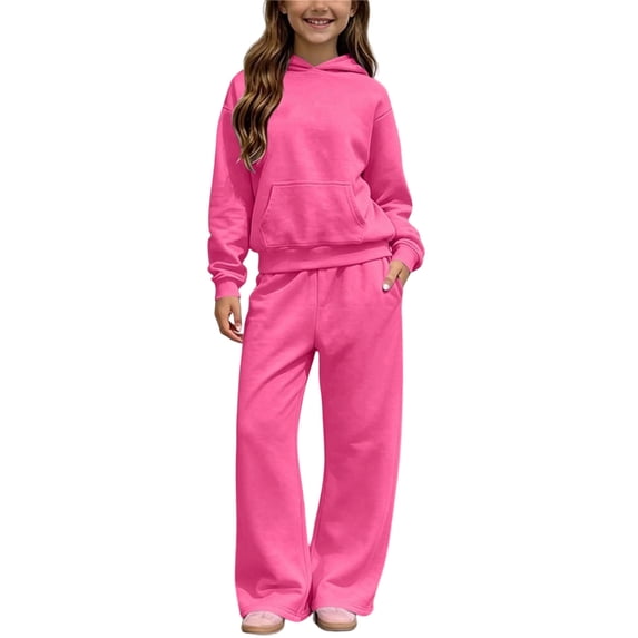 Girls' 2‑Piece Fleece Lined Sweatsuit Set, Long Sleeve Hooded Sweatshirt With Front Kangaroo Pocket and Wide Leg Sweatpants, Warm Loose Co‑Ord Tracksuit Pink 11-12T
