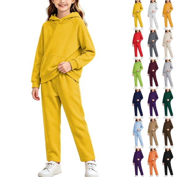 Girls 2 Piece Pullover Hoodie and Sweatpants Set Solid Color Long Sleeve Outfit with Kangaroo Pocket for Cozy Fall Winter School Daily Wear