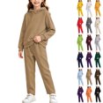 thumbnail image 1 of Girls 2 Piece Pullover Hoodie and Sweatpants Set Solid Color Long Sleeve Outfit with Kangaroo Pocket for Cozy Fall Winter School Daily Wear, 1 of 6