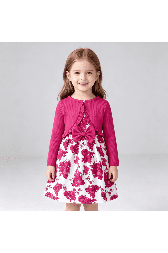 Girls 2 Piece Floral Dress and Ruffled Cardigan Set,Hot Pink Spring Easter Party Outfit,Size 6-7T