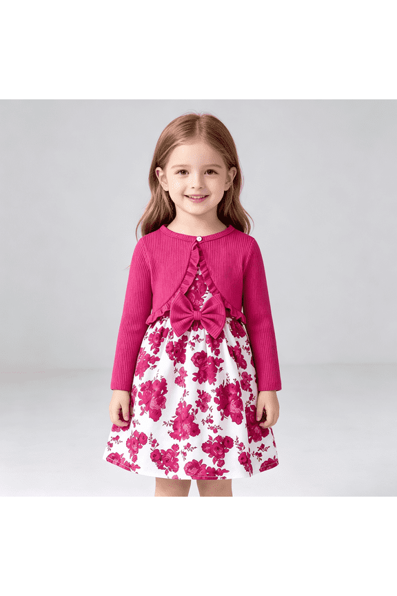 Girls 2 Piece Floral Dress and Ruffled Cardigan Set,Hot Pink Spring Easter Party Outfit,Size 6-7T