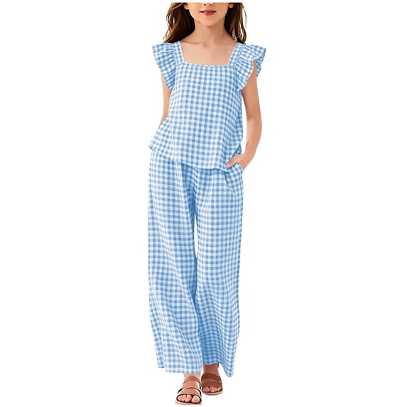 Girls 2 Piece Gingham Outfit Set Ruffle Strap Wide Leg Pants Summer Daily Casual Wear Lightweight loose Comfy Fit Blue 3-4 Years