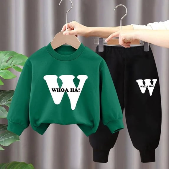 Girls' 2-Piece Graphic Tracksuit Set - Crewneck Sweatshirt & Jogger Pants, Army Green,Size 2-3T