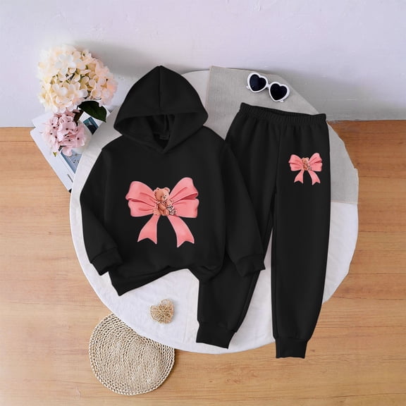 Girls 2 Piece Hoodie Jogger Set - Black, 100% Cotton Cute Teddy Bear Pink Bow Casual Playwear for Kids & Little Girls 2-8 Years, Soft Breathable Machine-Washable,Size 4-5 T