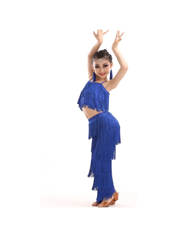 Girls 2 Piece Latin Ballroom Dance Outfits Set Tassel Camisole Fringe Pants Modern Dancewear