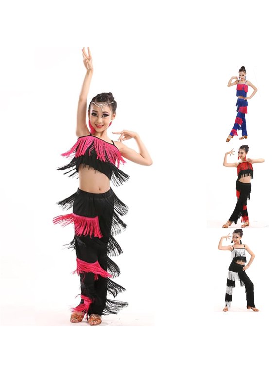 Girls 2 Piece Latin Ballroom Dance Outfits Set Tassel Camisole Fringe Pants Modern Performance Wear Girl Comfy Outfit Sets