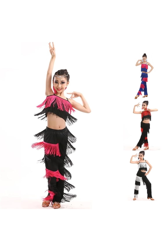 Girls 2 Piece Latin Ballroom Dance Outfits Set Tassel Camisole Fringe Pants Modern Performance Wear Girl Comfy Outfit Sets