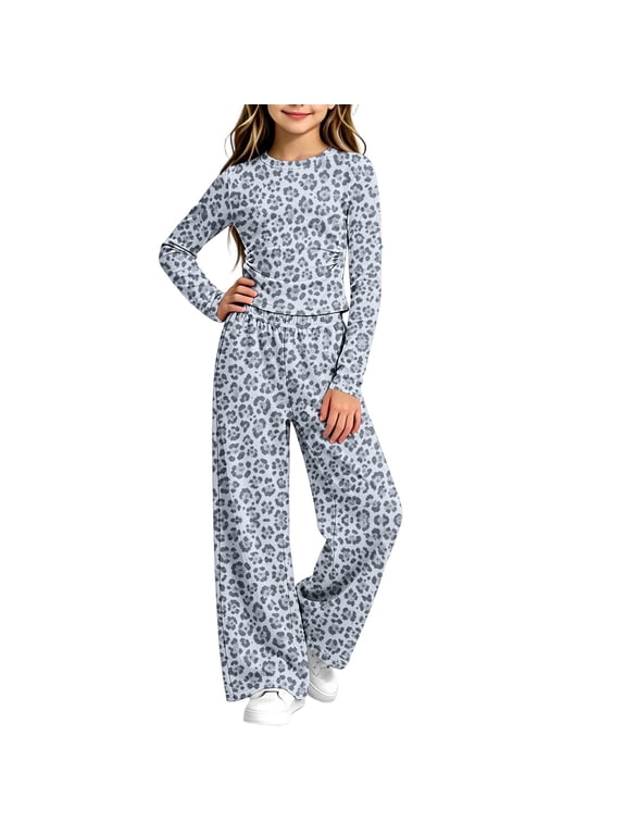 Girls 2 Piece Leopard Outfits Long Sleeve Pleated Slim Tops Wide Leg Baggy Pants With Pockets Fashion Vintage Casual Set (12-13 Years, Blue)