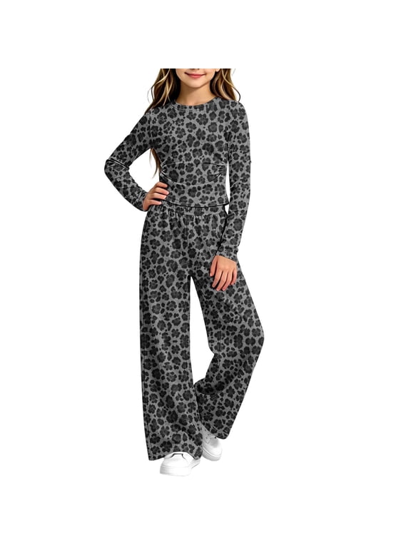 Girls 2 Piece Leopard Outfits Long Sleeve Pleated Slim Tops Wide Leg Baggy Pants With Pockets Fashion Vintage Casual Set (7-8 Years, Gray)