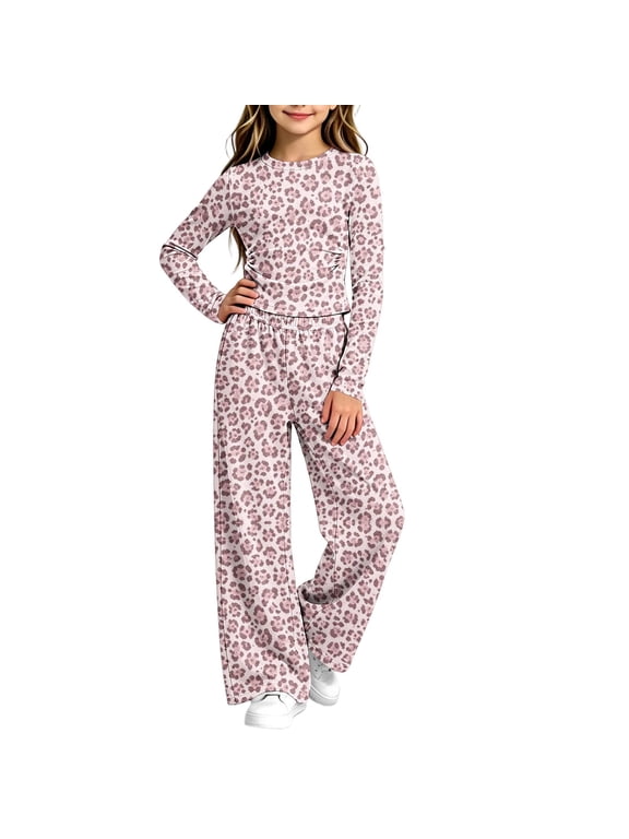 Girls 2 Piece Leopard Outfits Long Sleeve Pleated Slim Tops Wide Leg Baggy Pants With Pockets Fashion Vintage Casual Set (9-10 Years, Pink)