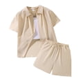 thumbnail image 1 of Girls 2 Piece Linen Set Kids Outfits Cotton Button Down Short Sleeve Collared Shirt and Shorts Set for Spring Summer,Color:Beige,7-8 Years, 1 of 9