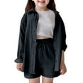 thumbnail image 1 of Girls 2 Piece Linen Set Kids Outfits Cotton Button Down Short Sleeve Collared Shirt and Shorts Set for Spring Summer,Color:Black,13-14 Years, 1 of 9