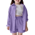 thumbnail image 1 of Girls 2 Piece Linen Set Kids Outfits Cotton Button Down Short Sleeve Collared Shirt and Shorts Set for Spring Summer,Color:Purple,9-10 Years, 1 of 9