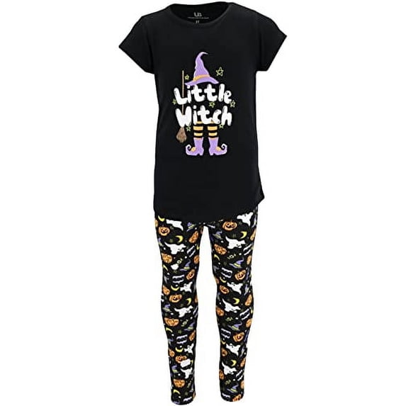 Girls 2 Piece Little Witch Halloween Outfit Legging Shirt Set (7Y, Black)