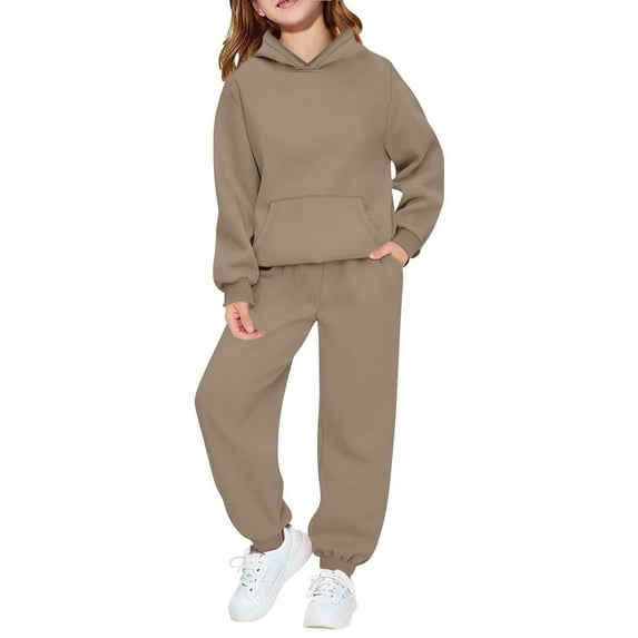 Girls 2 Piece Long Sleeve Hooded Sweatsuit Set, Twist Front Sweatshirt & Wide Leg Jogger Pants with Pockets, Soft Comfy Athletic Loungewear for Toddler Youth Kids