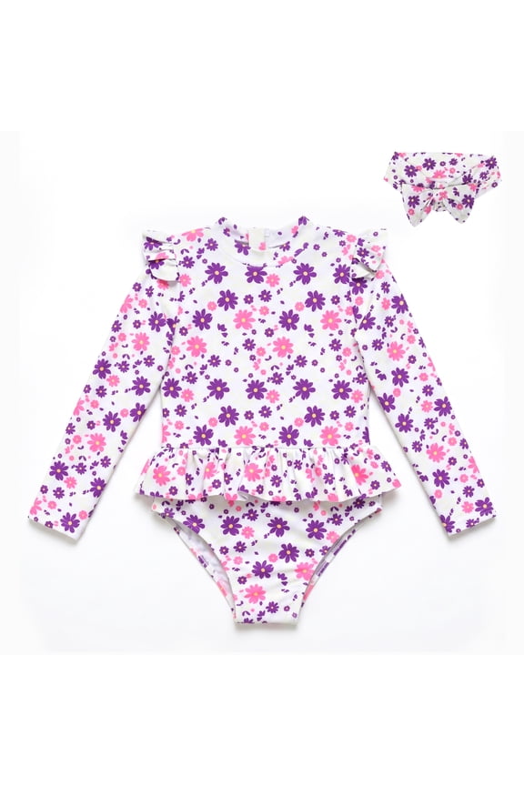 Girls One Piece Swimsuit Long Sleeve Back Zipper Floral Daisy Print Flutter Shoulder Peplum Ruffle Rash Guard with Headband 2-Piece Swimwear Set for Girls Age 6 Years