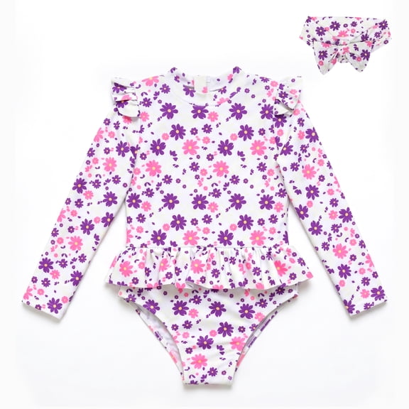 NIPAXO Girls One Piece Swimsuit Long Sleeve Back Zipper Floral Daisy Print Flutter Shoulder Peplum Ruffle Rash Guard with Headband 2-Piece Swimwear Set for Girls Age 4 Years