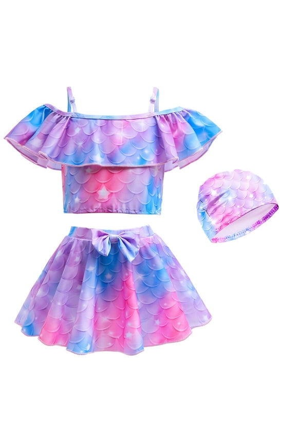 Girls 2-Piece Mermaid Tankini Swimsuit Rainbow Bathing Suit, Size 2-8T