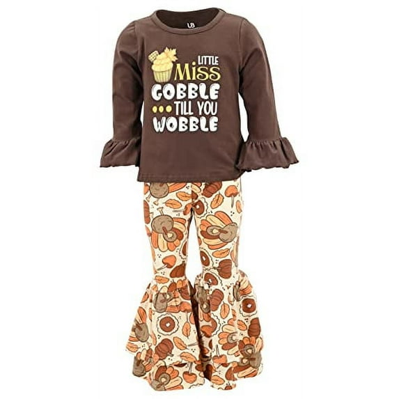 Girls 2 Piece Miss Gobble Thanksgiving Clothes Legging Set Outfit (2Y, Brown)
