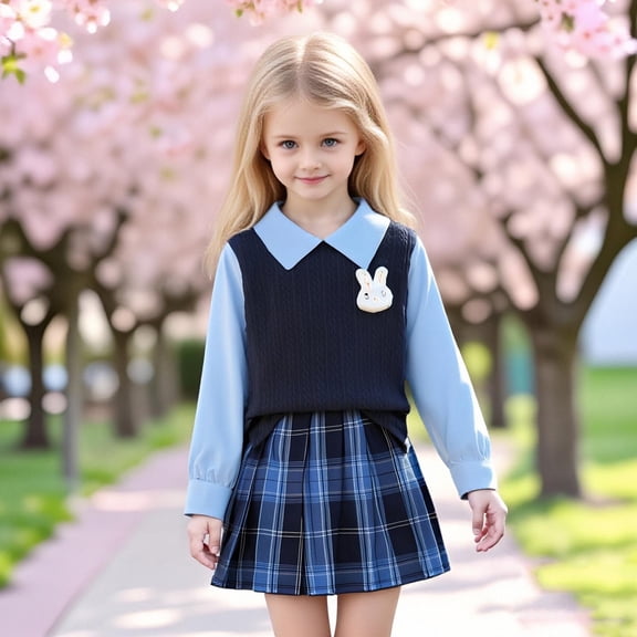 Girls' 2 Piece Outfit 100% Cotton Preppy Blue Collared Top & Plaid Pleated Skirt with Bunny Brooch for 4-8 Years Old,Size 4-5 T
