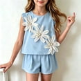 thumbnail image 1 of Girls 2 Piece Outfit 3D Floral Applique Sleeveless Tank Top And Pleated Shorts Set Kids Summer Casual Ruffle Clothes Tween Fashion Boutique Suit Apparel, 1 of 7
