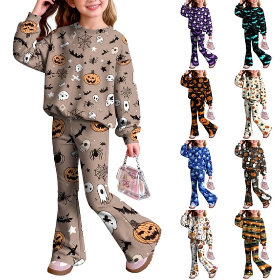 Girls 2 Piece Outfit Lightweight Sweatshirt Halloween Bat Spider Skull Ghost Print Relaxed Fit Pullover Top Flare Bell Bottom Sweatpants Set For Girls 5‑14 Fall Holiday Clothing