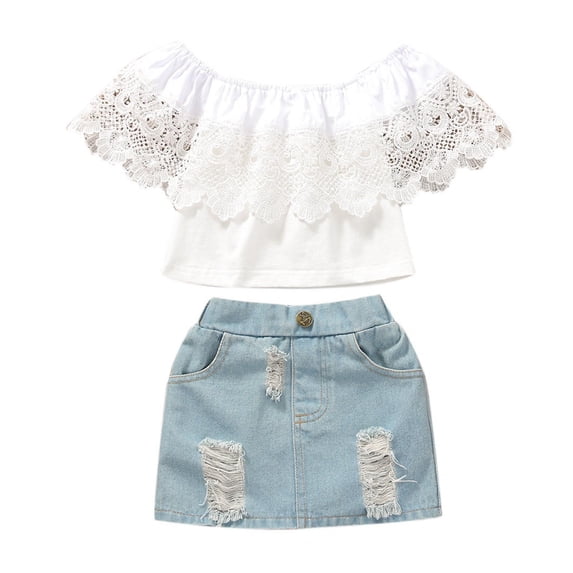 Girls 2 Piece Outfit Off Shoulder Lace Top Distressed Denim Skirt Matching Set White Summer Birthday Party Outfit Kids Ages 2-5,Size 4-5T