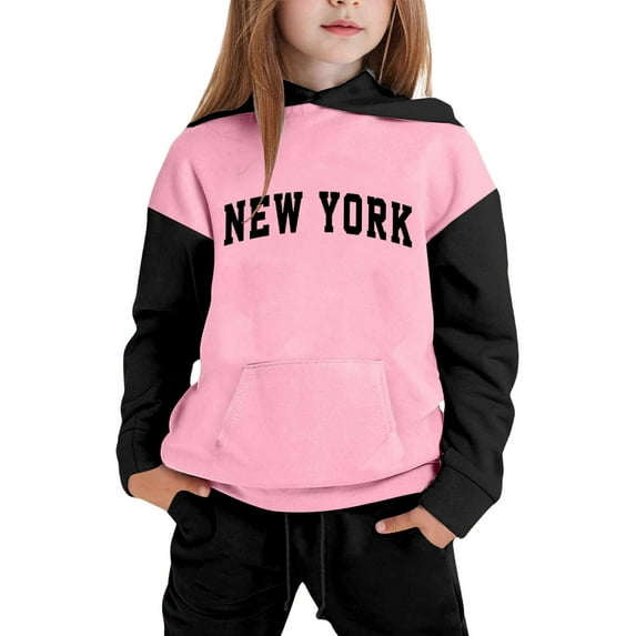 Girls 2 Piece Outfit Pullover Hooded Sweatshirt and Sweatpants Sets NEW YORK Letter Print Hoodies Tracksuits 13-14 Years,Pink
