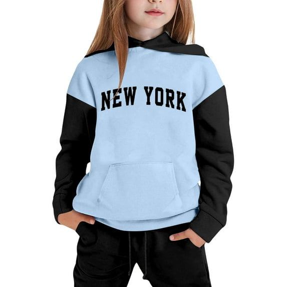 Girls 2 Piece Outfit Pullover Hooded Sweatshirt and Sweatpants Sets NEW YORK Letter Print Hoodies Tracksuits 8-9 Years,Light Blue