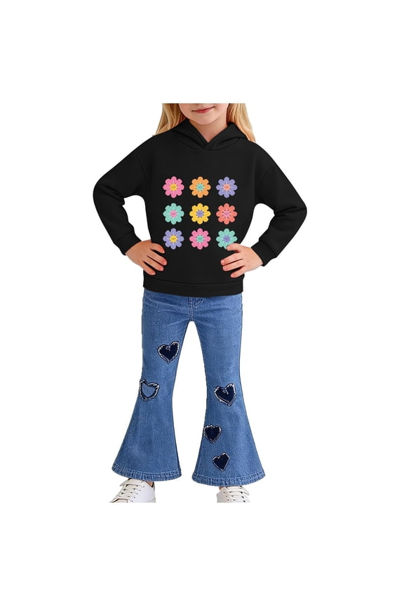 Girls 2-Piece Outfit Set Black, 100% Cotton Hoodie & Flare Jeans with Colorful Print & Heart Patches, Kids & Little Girl Casual Play Clothes, Sizes 2-8 Years,Size 7-8 T