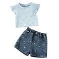 thumbnail image 1 of Girls 2 Piece Outfit Set Blue, Ruffle Sleeve Top and Denim Shorts, Kids Play Clothes, Floral Embroidery, Elastic Waist, Ages 2-8 Years,Size 3-4T, 1 of 6