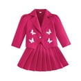 thumbnail image 1 of Girls 2 Piece Outfit Set, Butterfly Puff Sleeve Cropped Blazer and Elastic Waist Pleated Skirt, Cute Kids Suit for Back to School Daily Outdoor Casual Party Wear(Hot Pink,2-3 Years), 1 of 4
