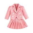 thumbnail image 1 of Girls 2 Piece Outfit Set, Butterfly Puff Sleeve Cropped Blazer and Elastic Waist Pleated Skirt, Cute Kids Suit for Back to School Daily Outdoor Casual Party Wear(Pink,4 Years), 1 of 4