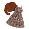 thumbnail image 1 of Girls 2 Piece Outfit Set, Coffee Brown Ribbed Cardigan & Floral Sleeveless Dress for 5-14 Years, Spring Fall Summer Nylon Spandex,Size 9-10 T, 1 of 8
