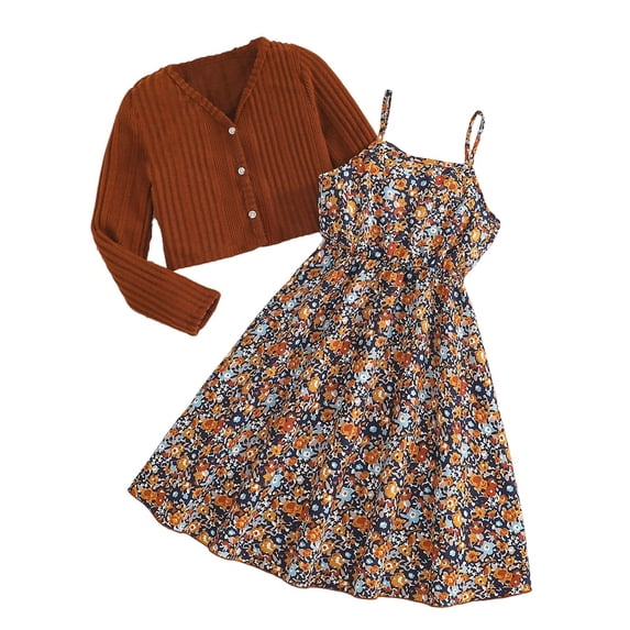 Girls 2 Piece Outfit Set, Coffee Brown Ribbed Cardigan & Floral Sleeveless Dress for 5-14 Years, Spring Fall Summer Nylon Spandex,Size 9-10 T