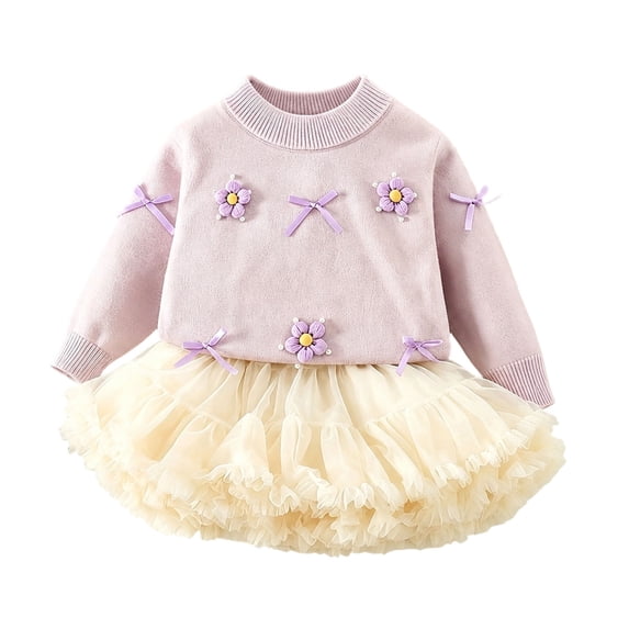 Girls 2 Piece Outfit Set Crew Neck Knit Sweater with 3D Flower Bow & Fluffy Tulle Tutu Skirt, Sweet Princess Style Casual Clothing Set for Little Girls Fall Winter Purple 5-6 Years