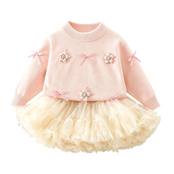 Girls 2 Piece Outfit Set Crew Neck Knit Sweater with 3D Flower Bow & Fluffy Tulle Tutu Skirt, Sweet Princess Style Casual Clothing Set for Little Girls Fall Winter Pink 5-6 Years