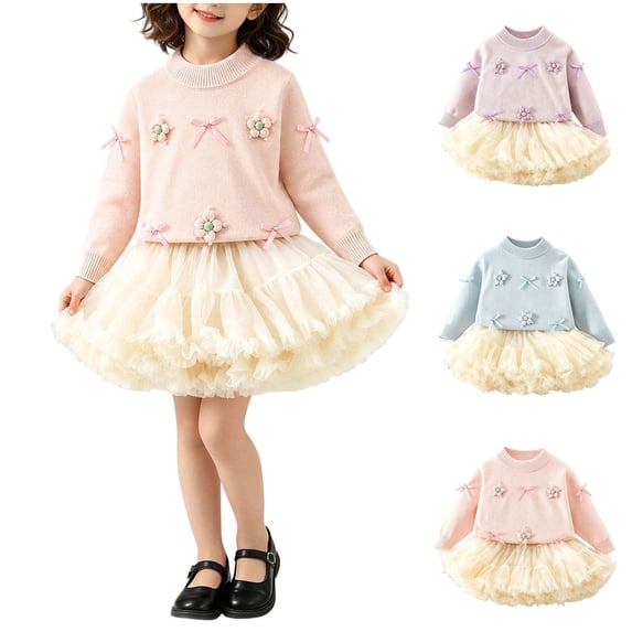 Girls 2 Piece Outfit Set Crew Neck Knit Sweater with 3D Flower Bow & Fluffy Tulle Tutu Skirt, Sweet Princess Style Casual Clothing Set for Little Girls Fall Winter Sky Blue 2-3 Years