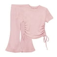 thumbnail image 1 of Girls 2 Piece Outfit Set | Kids Matching Set with Ribbed Short Sleeve Top & High Waisted Kids Flare Pants, Soft Play Clothes, Blush Pink,Size 1-2T, 1 of 5