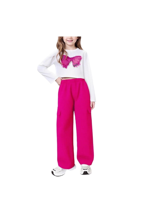 Girls 2 Piece Outfit Set, Long Sleeve Crop Top & Cargo Pants, Stretchy Nylon Spandex Play Clothes for Girls Kids to Teen, Hot Pink,Size 11-12 T
