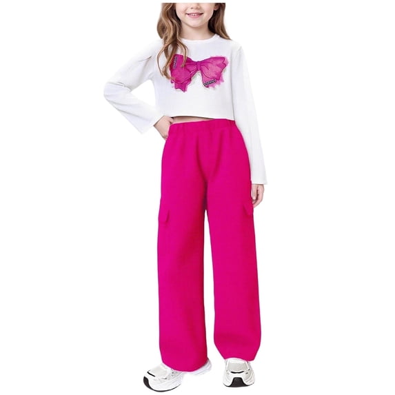 Girls 2 Piece Outfit Set, Long Sleeve Crop Top & Cargo Pants, Stretchy Nylon Spandex Play Clothes for Girls Kids to Teen, Hot Pink,Size 3-4 T