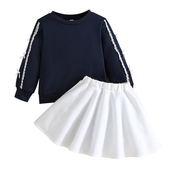 Girls 2 Piece Outfit Set, Navy Blue Long Sleeve Top with White Flared Skirt, Lace Trim, Elastic Waist, Machine Washable Polyester, Sizes 4-9 Years,Size 8-9 T